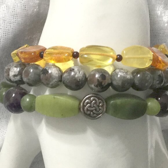 3pc Natural Stone Stretch Bracelet Set - Mixed Gemstone Beads Boho Stackable - Picture 4 of 14